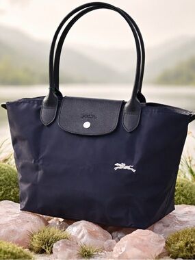 NWT Longchamp 70 Anniversary Le Pliage Navy Tote Bag Black Leather Trim.